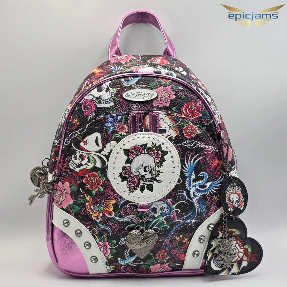 Ed Hardy Rhinestone Gothic Shiny Skull Roses Floral Charms Mini Backpack New